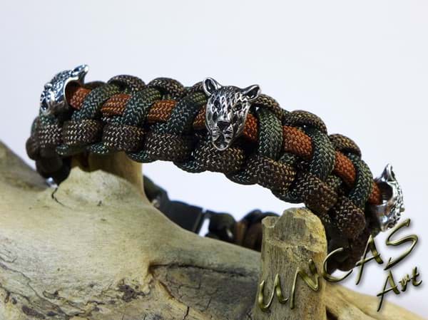 Bild von Paracord Armband LEOPARD - dunkelbraun / olive / rost  mit Metall Leopardenkopf